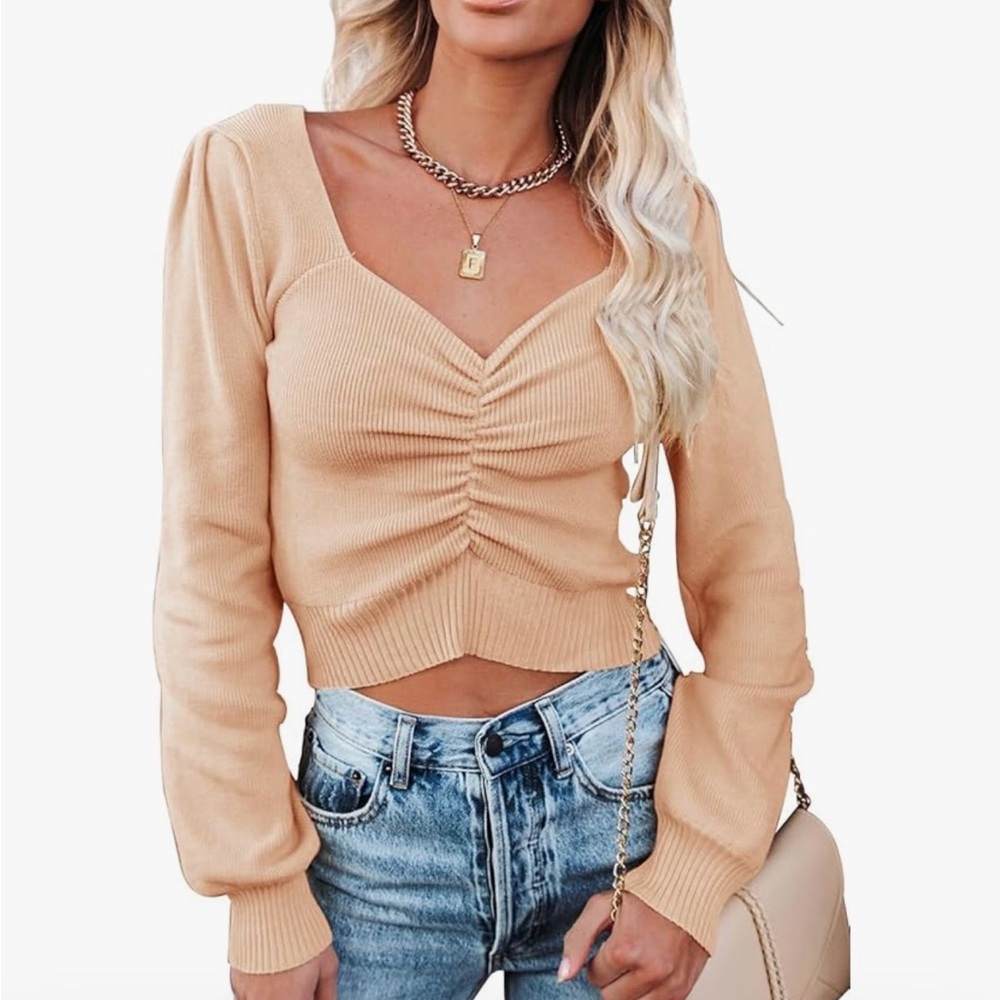 Ruched V-Neck Crop Sweater - Beige